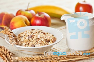 Bowl Of Muesli For Breakfast With Fruits Stock Photo