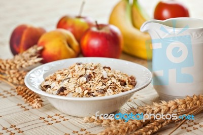 Bowl Of Muesli For Breakfast With Fruits Stock Photo