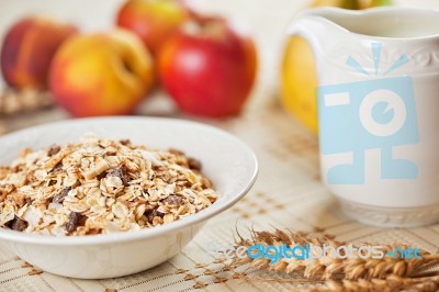 Bowl Of Muesli For Breakfast With Fruits Stock Photo