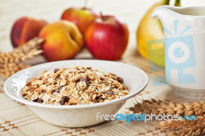 Bowl Of Muesli For Breakfast With Fruits Stock Photo