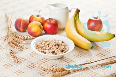 Bowl Of Muesli For Breakfast With Fruits Stock Photo