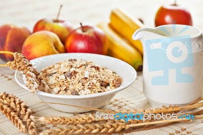 Bowl Of Muesli For Breakfast With Fruits Stock Photo