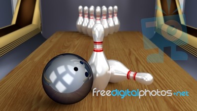 Bowling 3d Sport - Ball And Pins Racked On Lane Stock Image