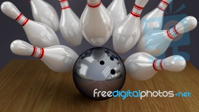 Bowling Ball And Pins On Moment Of Strike Impact Stock Image