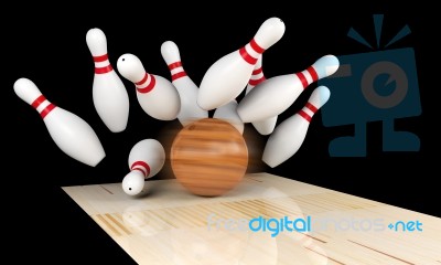 Bowling Strike, Scattered Skittle And Bowling Ball On Bowling Lane With Motion Blur On Bowling Ball, 3d Rendering Stock Image