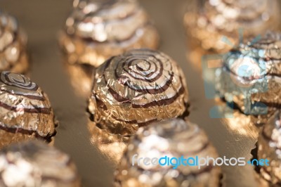 Box Of Sweet Round Chocolate Candies Stock Photo