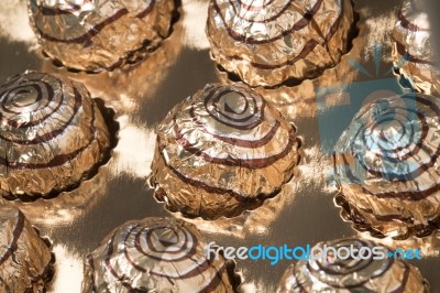 Box Of Sweet Round Chocolate Candies Stock Photo