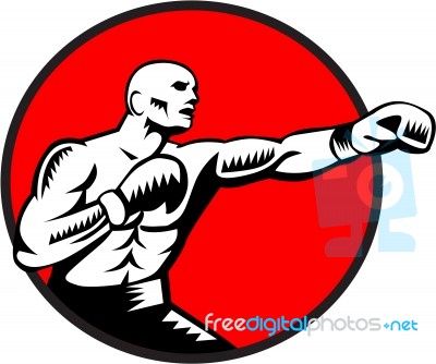 Boxer Jabbing Punching Circle Woodcut Stock Image