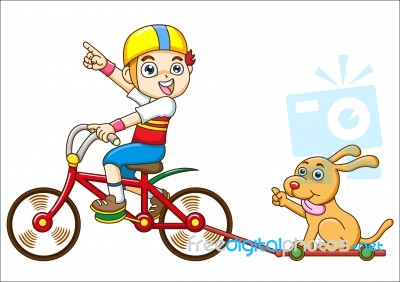 Boy And Dog Riding A Bicycle Stock Image