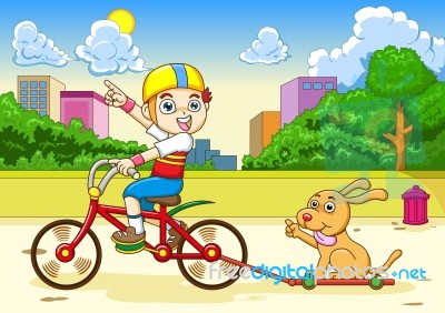 Boy And Dog Riding A Bicycle Stock Image