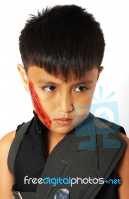 Boy In Costume With Fake Scar Stock Photo