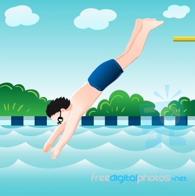 Boy Jumping, Into Water In Pool- Illustration Stock Image