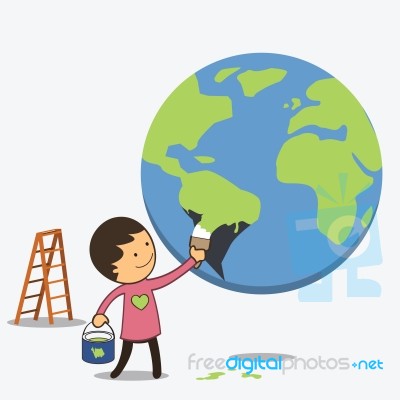 Boy Painted Globe In Green Stock Image