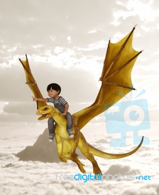 Boy Riding The Dragon,3d Illustration Stock Image