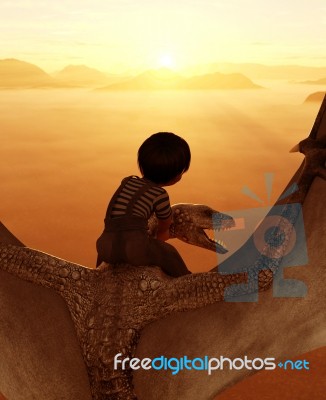 Boy Riding The Dragon,3d Illustration Stock Image