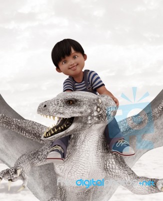 Boy Riding The Dragon,3d Illustration Stock Image