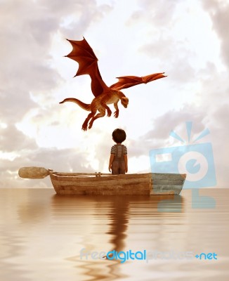 Boy Standing On An Old Wooden Rowboat In The Sea Looking At The Dragon Stock Image