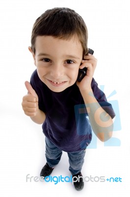 Boy Talking Phone With Thumb Up Stock Photo