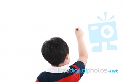 Boy Writing On White Background Stock Photo