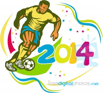 Brazil 2014 Football Player Running Ball Retro Stock Image