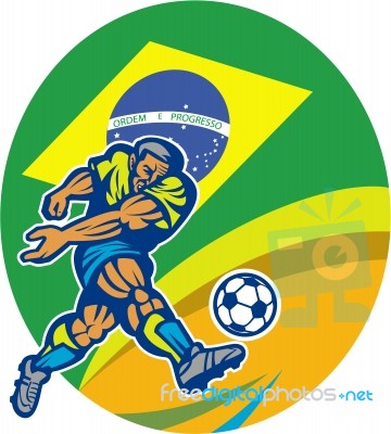 Brazil Soccer Football Player Kicking Ball Retro Stock Image