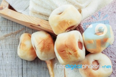 Bread Filled On Wooden Stock Photo