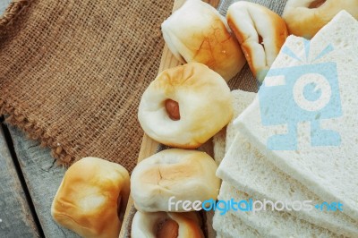 Bread On Tray And Sack Stock Photo