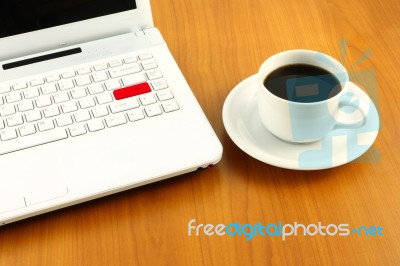 Break Time From Working On Wooden Table Stock Photo