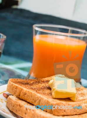 Breakfast Butter Toast Indicates Meal Time And Black Stock Photo