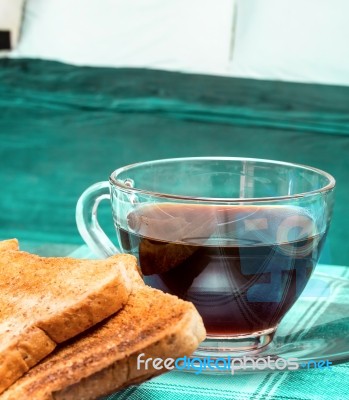 Breakfast In Bed Means Toasted Bread And Beds Stock Photo