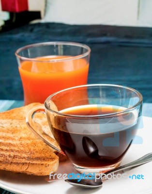 Breakfast In Bed Represents Morning Meal And Beds Stock Photo