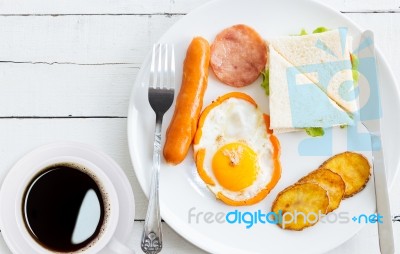 Breakfast Morning On Wood Table Stock Photo