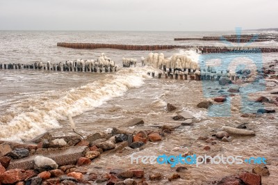 Breakwater Covered By Ice Stock Photo