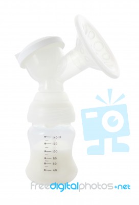 Breast Pump With Bottle On White Background Stock Photo