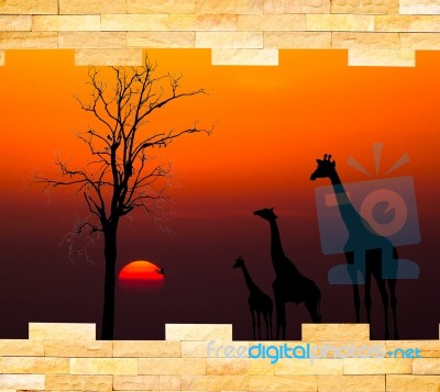 Brick Wall With Silhouettes Of African Safari Theme Behind Stock Photo