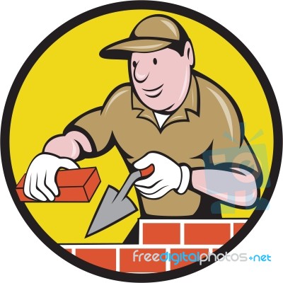 Bricklayer Bricks Trowel Circle Cartoon Stock Image