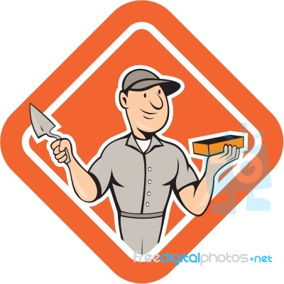 Bricklayer Mason Plasterer Standing Shield Cartoon Stock Image