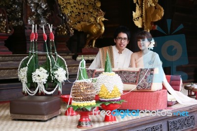 Bride And Groom In Traditional Thai Northen Style Weddingr Stock Photo