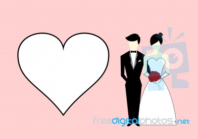 Bride And Groom With Heart On Pink Background.  Illustrati Stock Image