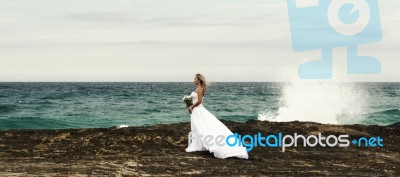 Bride At Snapper Rock Beach In New South Wales Stock Photo