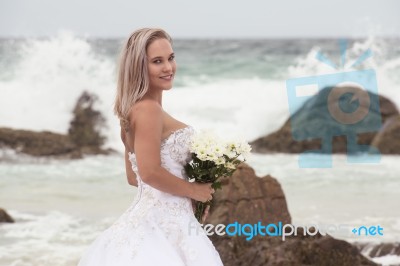 Bride At Snapper Rock Beach In New South Wales Stock Photo