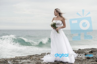 Bride At Snapper Rock Beach In New South Wales Stock Photo