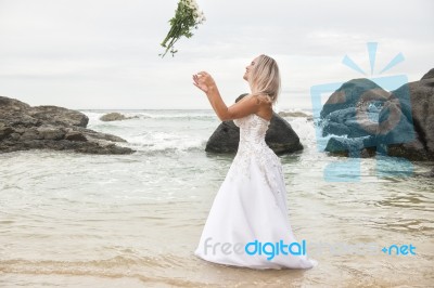 Bride At Snapper Rock Beach In New South Wales Stock Photo