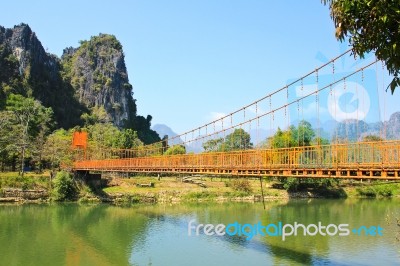 Bridge Over Song River, Vang Vieng, Laos Stock Photo