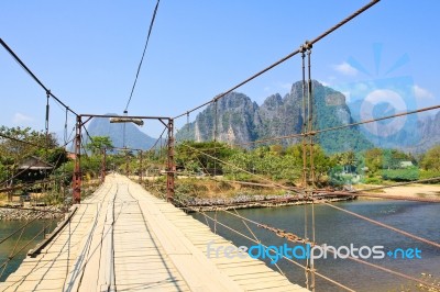 Bridge Over Song River, Vang Vieng, Laos Stock Photo