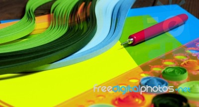 Bright Colored Background Items For Quilling (paper, Ruler) Stock Photo