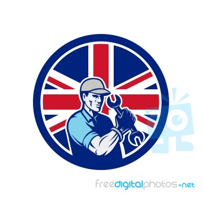 British Auto Mechanic Union Jack Flag Icon Stock Image