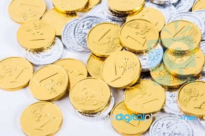 British Coins Arranged On A White Background Stock Photo