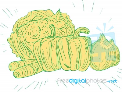 Brocolli Capsicum Onion Drawing Stock Image