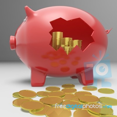 Broken Piggybank Showing Financial Savings Stock Image